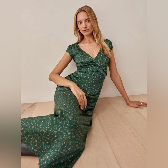 New! Reformation Kaye Silk Green Corriander Floral Midi Dress 🌿 size 6 - Picture 3 of 11